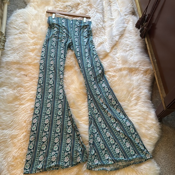 Show Me Your MuMu Pants - Show Me Your Mumu Blue Floral Striped Bellbottoms